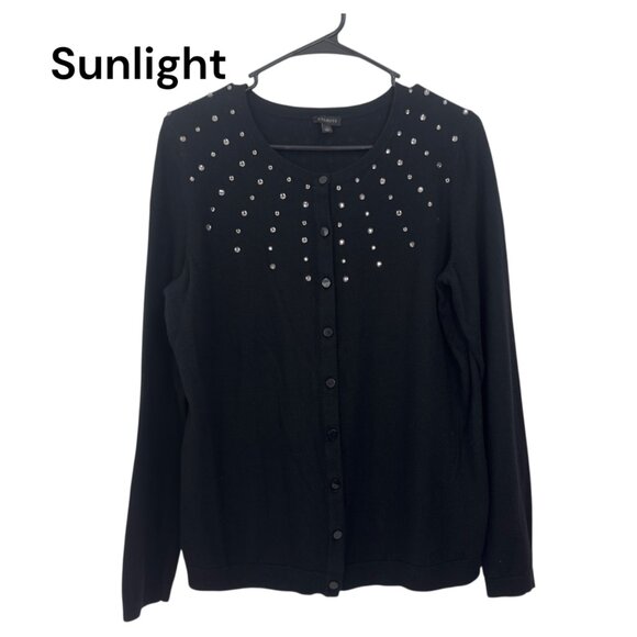 Talbots Women SZ Large Classic Button Up Black Cardigan Rhinestone Embellishment - Picture 1 of 13